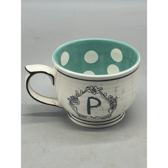 Katie mandy mug cup white blue dots stripes 3.5x5.5" READ - Picture 3 of 16